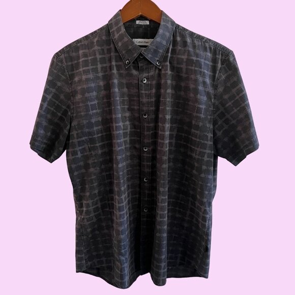Calvin Klein Shirt Mens L Slim Fit Black Purple Plaid Button Down Short Sleeve - Picture 1 of 9